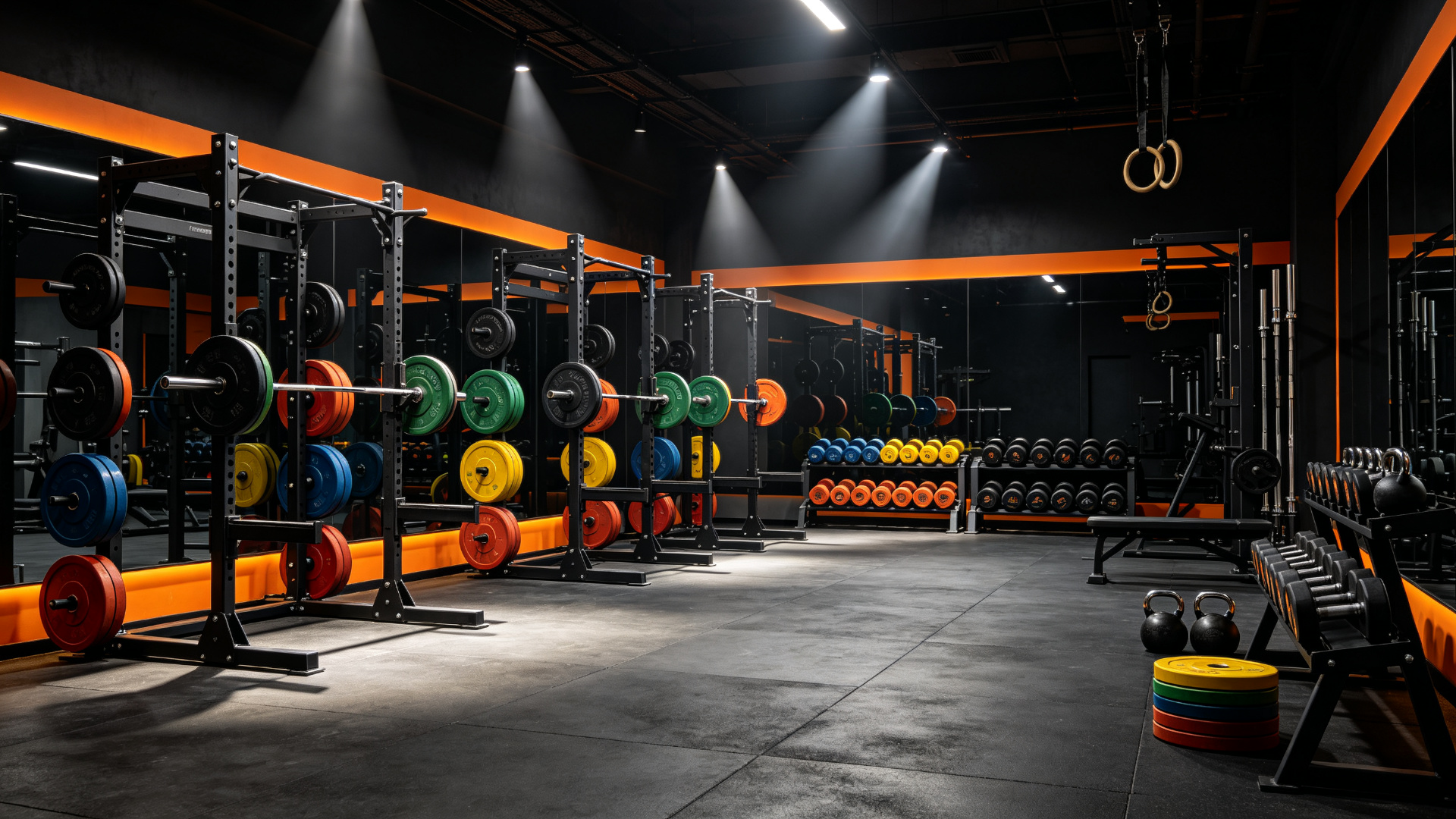 Premium commercial gym with power racks, dumbbells and strength equipment